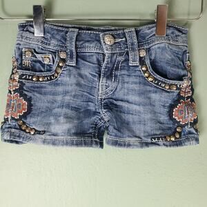 Miss Me Jean Shorts Girls Embroidered Blue Denim Studded Rhinestone Size 7